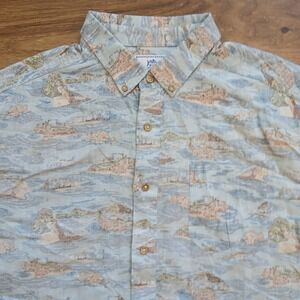 Southern Tide‎ Shirt Mens Large Blue Reverse Print Linen Rayon Tropical Hawaiian